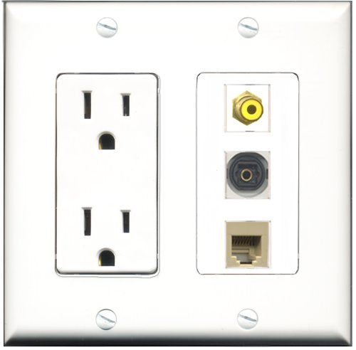 RiteAV - 15 Amp Power Outlet 1 Port RCA Yellow 1 Port Phone Beige 1 Port Toslink Decorative Wall Plate