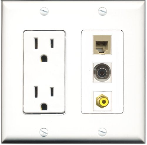 RiteAV - 15 Amp Power Outlet 1 Port RCA Yellow 1 Port Phone Beige 1 Port 3.5mm Decorative Wall Plate