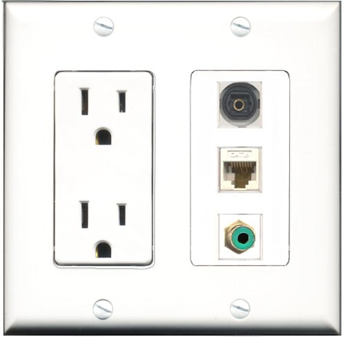 RiteAV - 15 Amp Power Outlet 1 Port RCA Green 1 Port Toslink 1 Port Cat6 Ethernet Ethernet White Decorative Wall Plate