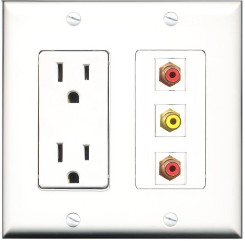 RiteAV - 15 Amp Power Outlet 2 Port RCA Red 1 Port RCA Yellow Decorative Wall Plate