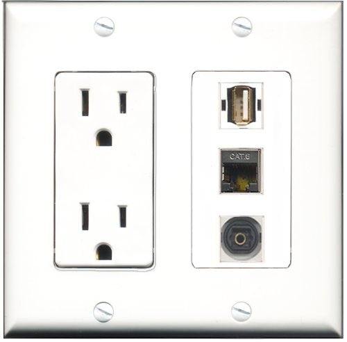 RiteAV - 15 Amp Power Outlet 1 Port USB A-A 1 Port Shielded Cat6 Ethernet Ethernet 1 Port Toslink Decorative Wall Plate