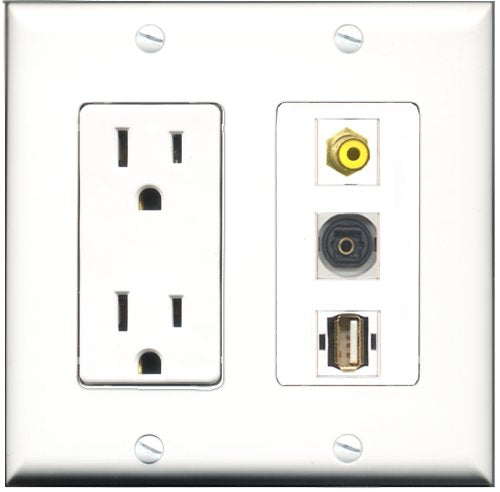 RiteAV - 15 Amp Power Outlet 1 Port RCA Yellow 1 Port USB A-A 1 Port Toslink Decorative Wall Plate