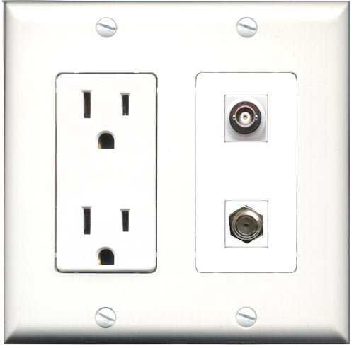 RiteAV - 15 Amp Power Outlet and 1 Port Coax Cable TV- F-Type and 1 Port BNC Decorative Type Wall Plate White