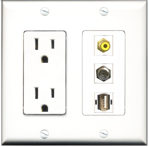 RiteAV - 15 Amp Power Outlet 1 Port RCA Yellow 1 Port Coax 1 Port USB A-A Decorative Wall Plate