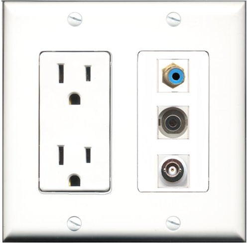 RiteAV - 15 Amp Power Outlet 1 Port RCA Blue 1 Port 3.5mm 1 Port BNC Decorative Wall Plate