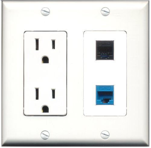 RiteAV - 15 Amp Power Outlet and 1 Port Cat5e Ethernet Black and 1 Port Cat5e Ethernet Blue Decorative Type Wall Plate White
