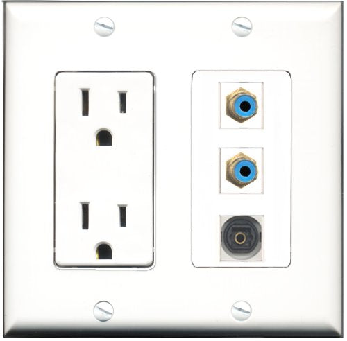 RiteAV - 15 Amp Power Outlet 2 Port RCA Blue 1 Port Toslink Decorative Wall Plate