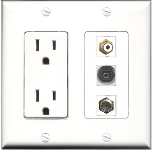 RiteAV - 15 Amp Power Outlet 1 Port RCA White 1 Port Coax 1 Port Toslink Decorative Wall Plate