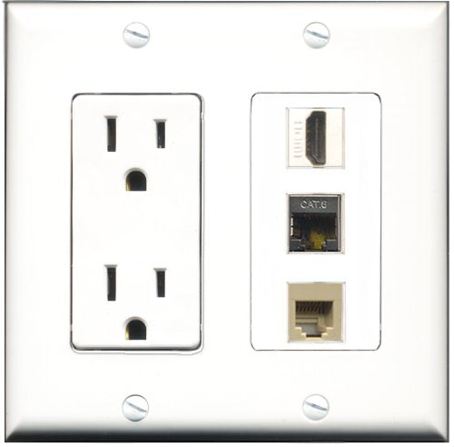 RiteAV - 15 Amp Power Outlet 1 Port HDMI 1 Port Phone Beige 1 Port Shielded Cat6 Ethernet Ethernet Decorative Wall Plate