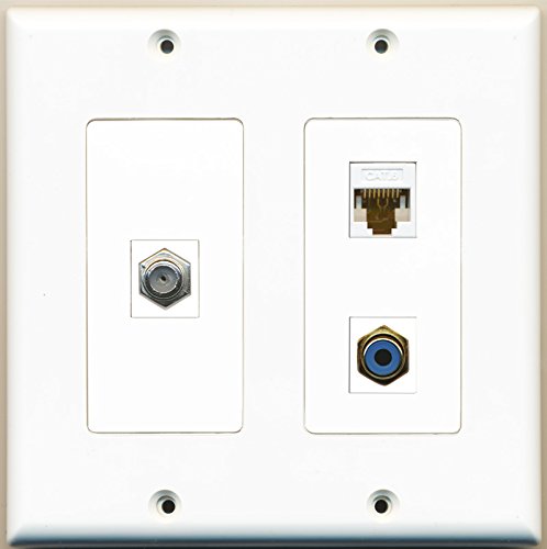 RiteAV - 1 Port RCA Blue 1 Port Coax Cable TV- F-Type 1 Port Cat6 Ethernet White - 2 Gang Wall Plate
