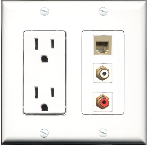 RiteAV - 15 Amp Power Outlet 1 Port RCA Red 1 Port RCA White 1 Port Phone Beige Decorative Wall Plate