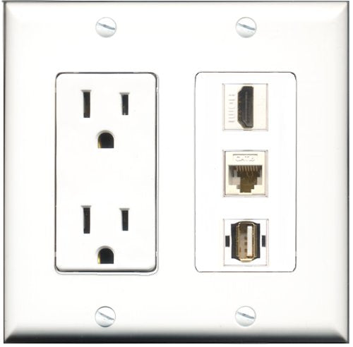 RiteAV - 15 Amp Power Outlet 1 Port HDMI 1 Port USB A-A 1 Port Cat6 Ethernet Ethernet White Decorative Wall Plate