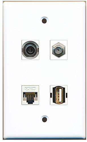 RiteAV - 1 Port Coax Cable TV- F-Type 1 Port USB A-A 1 Port 3.5mm 1 Port Cat5e Ethernet White Wall Plate