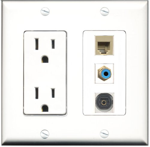 RiteAV - 15 Amp Power Outlet 1 Port RCA Blue 1 Port Phone Beige 1 Port Toslink Decorative Wall Plate