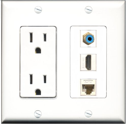 RiteAV - 15 Amp Power Outlet 1 Port HDMI 1 Port RCA Blue 1 Port Cat6 Ethernet Ethernet White Decorative Wall Plate