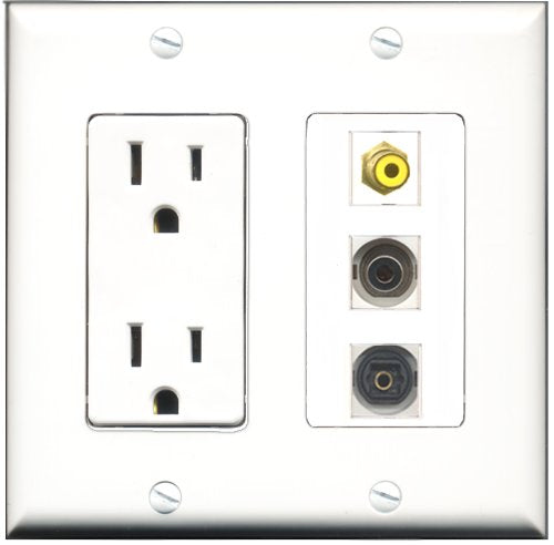 RiteAV - 15 Amp Power Outlet 1 Port RCA Yellow 1 Port Toslink 1 Port 3.5mm Decorative Wall Plate