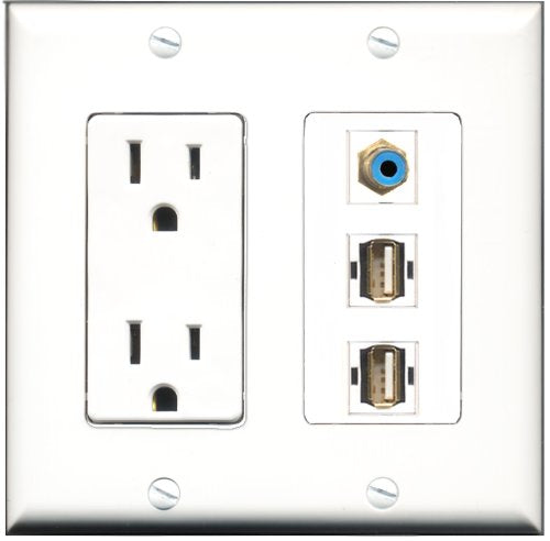 RiteAV - 15 Amp Power Outlet 1 Port RCA Blue 2 Port USB A-A Decorative Wall Plate