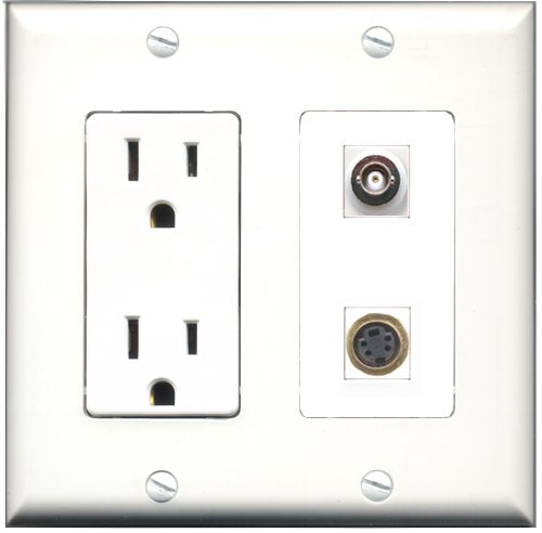RiteAV - 15 Amp Power Outlet and 1 Port S-Video and 1 Port BNC Decorative Type Wall Plate White