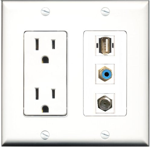 RiteAV - 15 Amp Power Outlet 1 Port RCA Blue 1 Port Coax 1 Port USB A-A Decorative Wall Plate