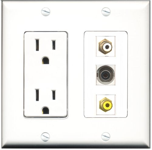RiteAV - 15 Amp Power Outlet 1 Port RCA White 1 Port RCA Yellow 1 Port 3.5mm Decorative Wall Plate
