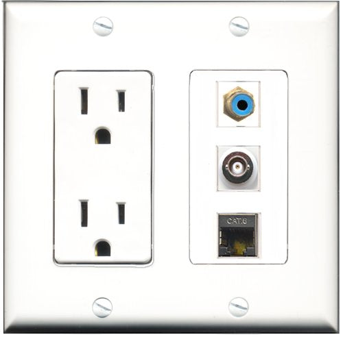 RiteAV - 15 Amp Power Outlet 1 Port RCA Blue 1 Port Shielded Cat6 Ethernet Ethernet 1 Port BNC Decorative Wall Plate