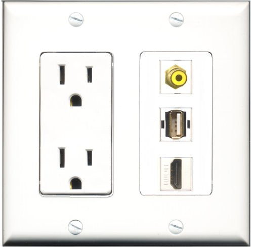 RiteAV - 15 Amp Power Outlet 1 Port HDMI 1 Port RCA Yellow 1 Port USB A-A Decorative Wall Plate