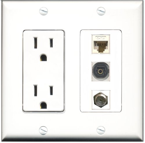 RiteAV - 15 Amp Power Outlet 1 Port Coax 1 Port Toslink 1 Port Cat6 Ethernet Ethernet White Decorative Wall Plate