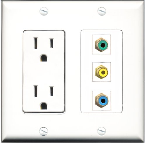 RiteAV - 15 Amp Power Outlet 1 Port RCA Yellow 1 Port RCA Green 1 Port RCA Blue Decorative Wall Plate