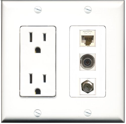 RiteAV - 15 Amp Power Outlet 1 Port Coax 1 Port 3.5mm 1 Port Cat6 Ethernet Ethernet White Decorative Wall Plate
