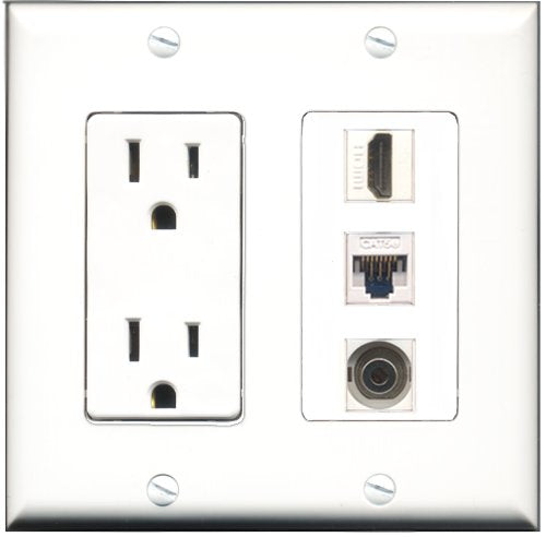 RiteAV - 15 Amp Power Outlet 1 Port HDMI 1 Port 3.5mm 1 Port Cat5e Ethernet White Decorative Wall Plate