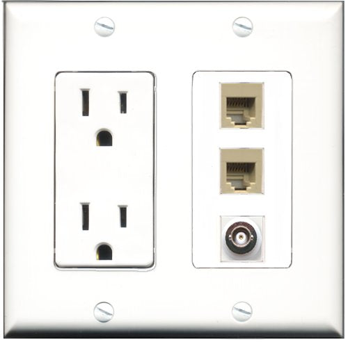 RiteAV - 15 Amp Power Outlet 2 Port Phone Beige 1 Port BNC Decorative Wall Plate