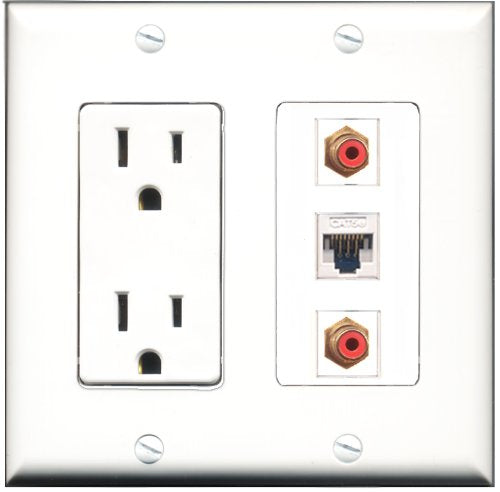 RiteAV - 15 Amp Power Outlet 2 Port RCA Red 1 Port Cat5e Ethernet White Decorative Wall Plate