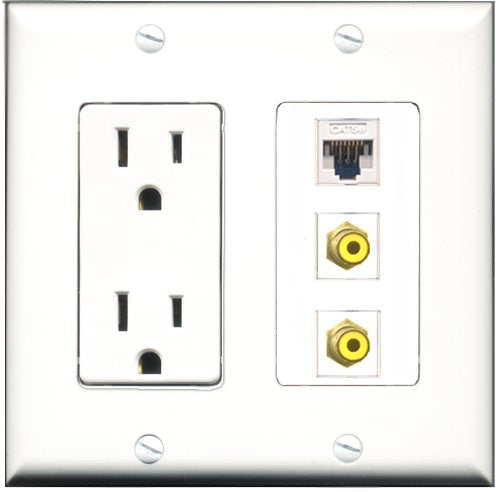 RiteAV - 15 Amp Power Outlet 2 Port RCA Yellow 1 Port Cat5e Ethernet White Decorative Wall Plate