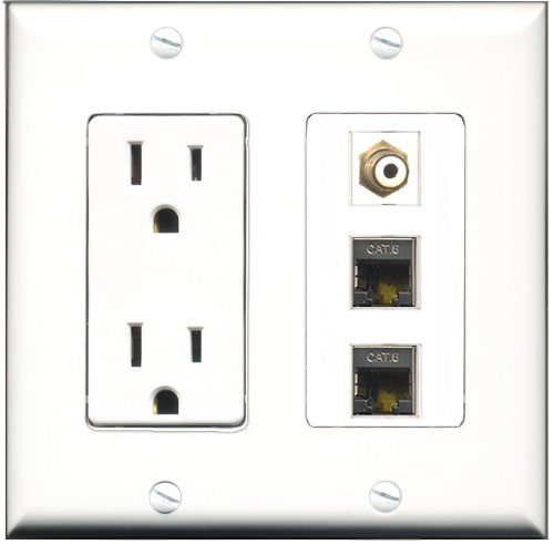 RiteAV - 15 Amp Power Outlet 1 Port RCA White 2 Port Shielded Cat6 Ethernet Ethernet Decorative Wall Plate