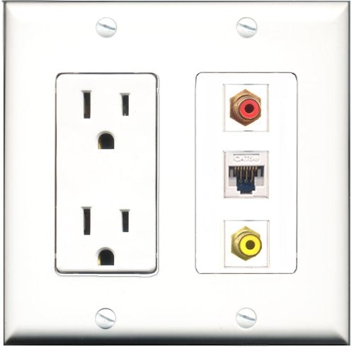 RiteAV - 15 Amp Power Outlet 1 Port RCA Red 1 Port RCA Yellow 1 Port Cat5e Ethernet White Decorative Wall Plate