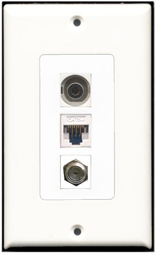 RiteAV - 1 Port Coax Cable TV- F-Type 1 3.5mm 1 Cat5e Ethernet White Wall Plate Decorative