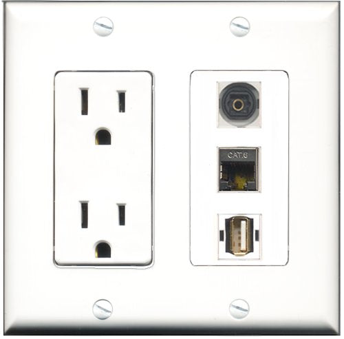 RiteAV - 15 Amp Power Outlet 1 Port USB A-A 1 Port Shielded Cat6 Ethernet Ethernet 1 Port Toslink Decorative Wall Plate