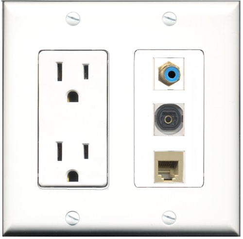 RiteAV - 15 Amp Power Outlet 1 Port RCA Blue 1 Port Phone Beige 1 Port Toslink Decorative Wall Plate