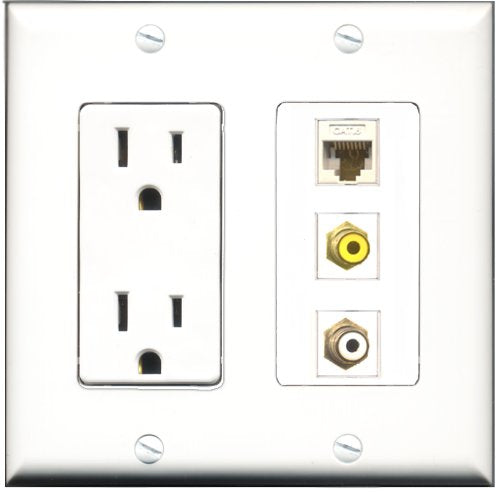 RiteAV - 15 Amp Power Outlet 1 Port RCA White 2 Port RCA Yellow Decorative Wall Plate