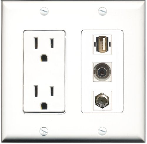 RiteAV - 15 Amp Power Outlet 1 Port Coax 1 Port USB A-A 1 Port 3.5mm Decorative Wall Plate