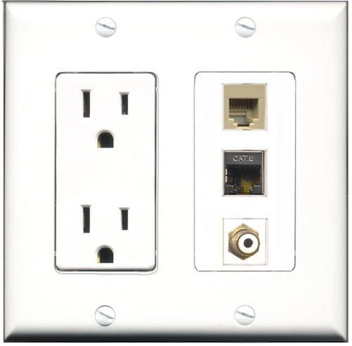RiteAV - 15 Amp Power Outlet 1 Port RCA White 1 Port Phone Beige 1 Port Shielded Cat6 Ethernet Ethernet Decorative Wall Plate