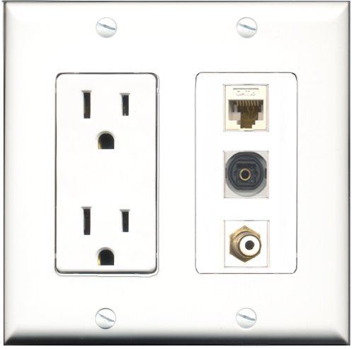 RiteAV - 15 Amp Power Outlet 1 Port RCA White 1 Port RCA Yellow 1 Port Toslink Decorative Wall Plate