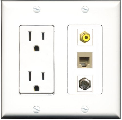 RiteAV - 15 Amp Power Outlet 1 Port RCA Yellow 1 Port Coax 1 Port Phone Beige Decorative Wall Plate