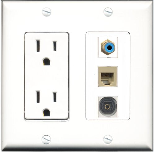 RiteAV - 15 Amp Power Outlet 1 Port RCA Blue 1 Port Phone Beige 1 Port Toslink Decorative Wall Plate