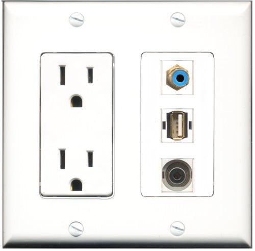 RiteAV - 15 Amp Power Outlet 1 Port RCA Blue 1 Port USB A-A 1 Port 3.5mm Decorative Wall Plate