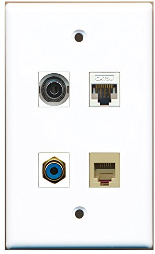 RiteAV - 1 Port RCA Blue 1 Port Phone RJ11 RJ12 Beige 1 Port 3.5mm 1 Port Cat5e Ethernet White Wall Plate