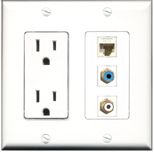 RiteAV - 15 Amp Power Outlet 1 Port RCA White 1 Port RCA Blue 1 Port Cat6 Ethernet Ethernet White Decorative Wall Plate