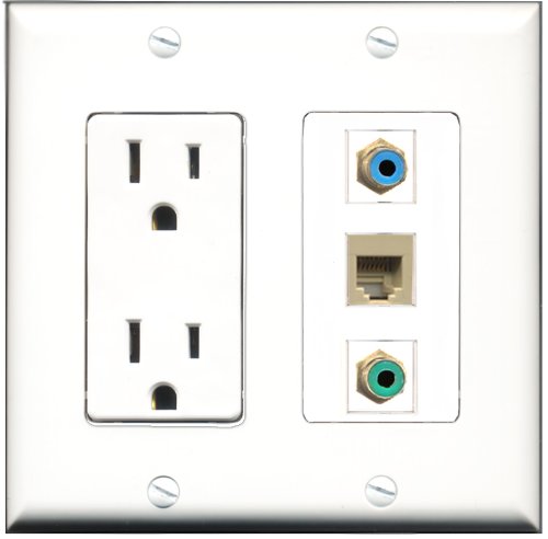 RiteAV - 15 Amp Power Outlet 1 Port RCA Green 1 Port RCA Blue 1 Port Phone Beige Decorative Wall Plate