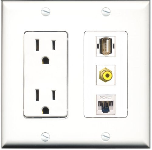 RiteAV - 15 Amp Power Outlet 1 Port RCA Yellow 1 Port USB A-A 1 Port Cat5e Ethernet White Decorative Wall Plate