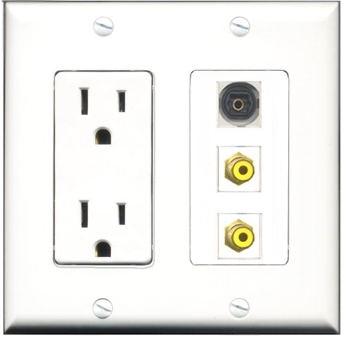 RiteAV - 15 Amp Power Outlet 2 Port RCA Yellow 1 Port Toslink Decorative Wall Plate